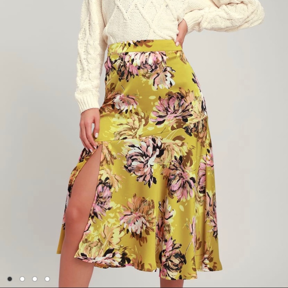 Mustard Yellow Floral Print Midi Skirt